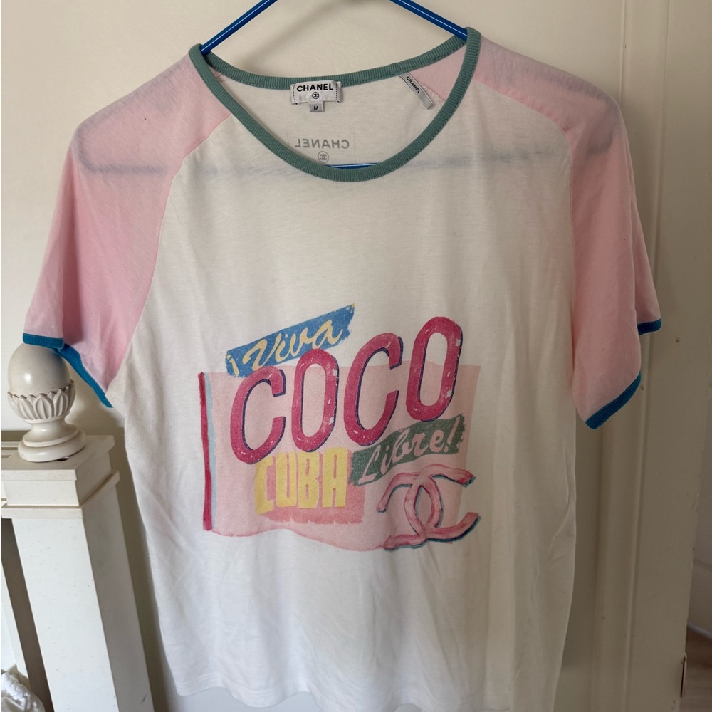 CHANEL White Pink Graphic 'Coco' Short Sleeve Tee